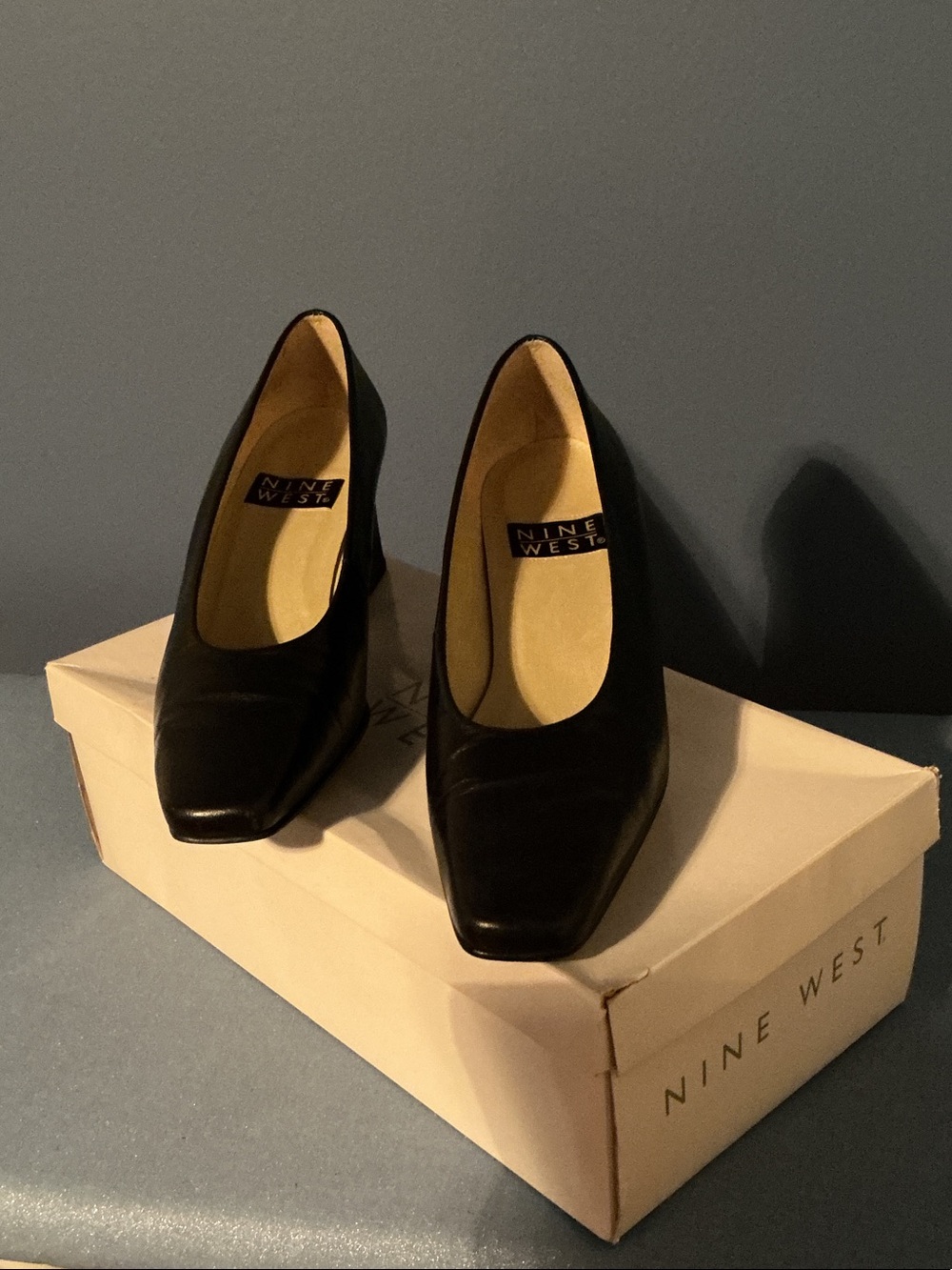 Nine West Black Leather Square-Toe Block Heels